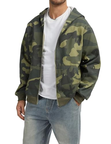 Anoumcy Camo Zip up Hoodie Men Full-Zip Fleece Hoodies Oversized Hooded Sweatshirts Maple Leaf Print Long Sleeve Sweatshirt Army Green L
