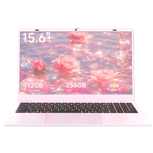 EvoSpan Pink Laptop Computer for Students, 15.6 Inch FHD IPS Display, 12GB RAM 256GB SSD, Lightweight Laptop for School, Online Classes & Everyday Use, Pentium Gold 6500Y up to 3.4GHz, WiFi 5, USB-C
