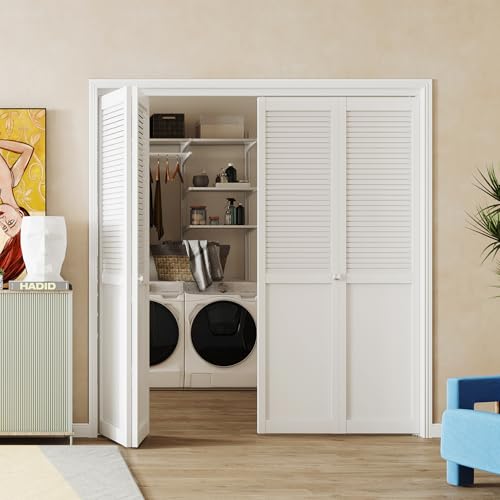 BARNER HOME Half Louvered Bi-Fold Door, Fits 72" x 80" Standard Openings, White Folding Closet Door with Hardware Kit, Ventilated Top MDF 4 Panels, Ideal for Laundry, Bedroom, or Pantry