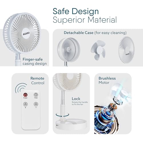 AGARO Grand Foldable Stand Fan with Remote Control, Rechargeable, 4 Speed, Copper Brushless Motor, Height Adjustable & Foldable Design, Travel Fan, Portable, Low Noise, Home, office, White