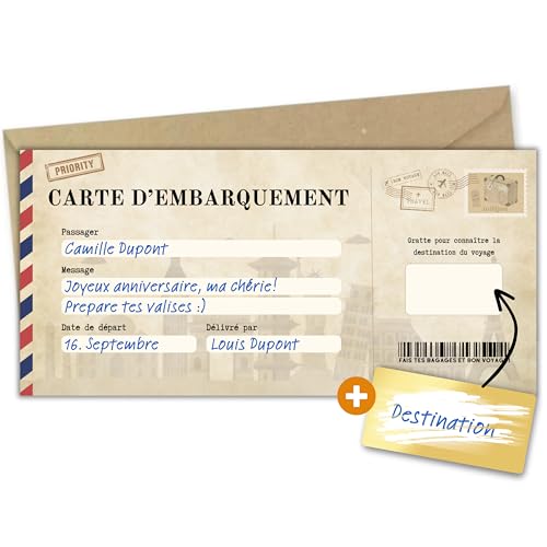 Milijou | Carte à gratter voyage surprise | Chèque cadeau surprise personnalisation destination, carte d'embarquement à gratter, billet avion, annonce anniversaire