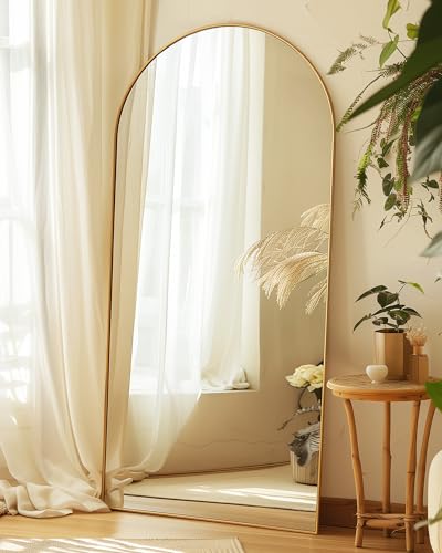 Full Length Mirror, 71"x28" Arched Floor Mirror Freestanding, Floor Standing Full Body Mirror with Stand for Bedroom, Hanging Mounted for Living Room Cloakroom, Gold