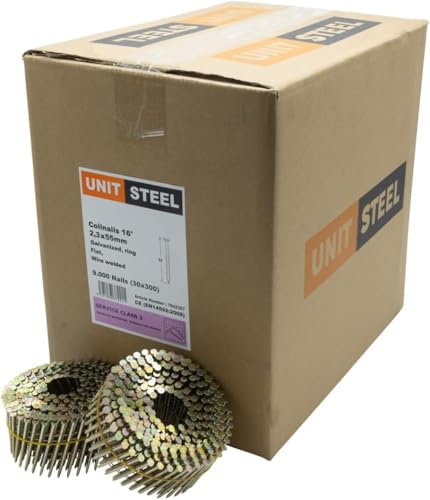 UnitSteel 15° Coilnägel - 2,3X55mm, 9.000 Stück, Ringnägel für Druckluft-Nagler, Ring/verzinkt, für fast alle Marken von Tackern