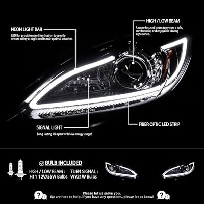 Autozensation Compatible with 2010-2013 Mazda 3, Left + Right Pair Headlamps Assembly, LED Strip Glossy Black Smoke Projector Headlights