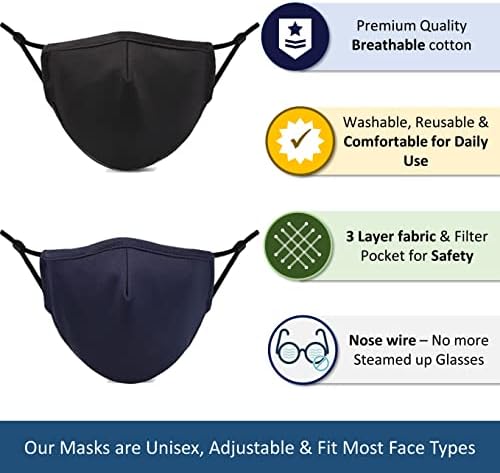 ecotru 4 Pack Washable & Reusable Cotton Face Masks UK | 2 Black, 2 Blue with Nose Wire for Glass Wearers | 3-Ply Fabric Mask with Filter Pocket & Adjustable Loops