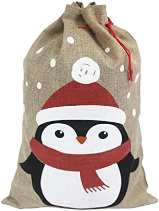 Christmas sacks (35 x 50 cm Medium Size)  Pack of 4 Drawstring Goody Gift Bags for Christmas Treats 4 Designs Santa Snowman Reindeer Penguin