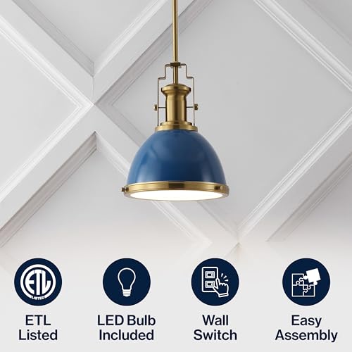Image of JONATHAN Y Homer Industrial Dome Pendant 10 inch, Navy /Brass Gold | 1-Light, Farmhouse Style, Adjustable Hanging Height, Glass Diffuser, Sloped Ceiling Compatible, Metal, LED Bulb Included