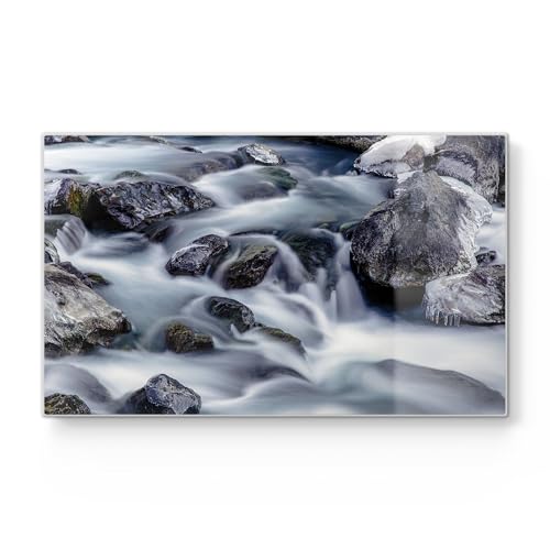 DEQORI Tagliere per la colazione in vetro, piccolo, 23 x 14 cm, motivo corsa del flusso invernale, tagliere di design per cucina, tagliere per la colazione, antibatterico e antiscivolo, piatto in