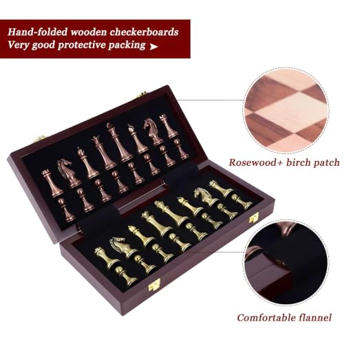 Image of 15.35'' Premium Retro Metal International Chess Board Set Vintage Brass Chess Pieces Wooden Checker Board Portable Folding Travel Chess Gift Box for Beginners and Professional Players