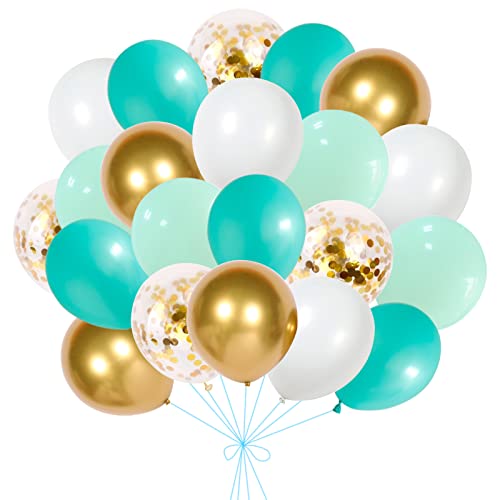 Groengouden ballonset, 25 cm (25,5 cm) mintgroen blauw wit latex ballonnen met metallic gouden latex confettiballonnen, 60 stuks groenblauwe ballonnen voor jungle verjaardag babyshower