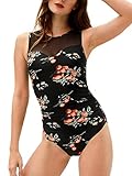 Summer Mae Damen Bademode Masche Schlankheits Badeanzug High Neck Bauchweg Einteilig Strandmode Schwarz Obst L