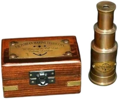 Handicraft Vintage Star Victorian Marine Brass Telescope with Wood Box | Victorian Marine Mini Telescope Spyglass Antique Brass in Wooden Box London 1915