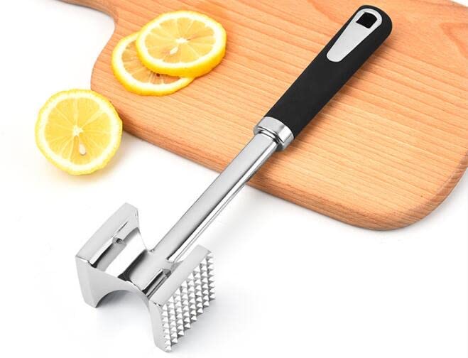 Duse4 Meat Tenderizer Dual Hammer Function Pounder Tool with Textured Side and Flat Side For Tenderizing Steak Beef Poultry 10.8'' Length, Black and Silver