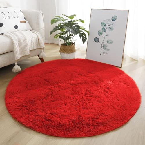 Image of Shaggy Round Area Rug - Soft Plush Circle Solid Color Carpet for Living Room, Bedroom, Kids Room - Fluffy Fuzzy Floor Mat for Home Decor (Red, 3x3 feet, Round)