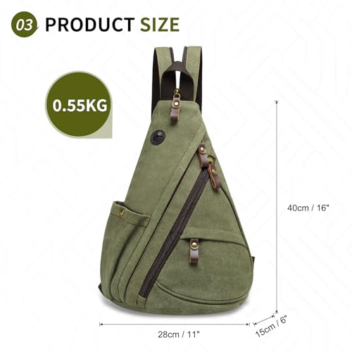 Vintage Canvas Sling Bag with Genuine Leather Zipper, 3 in 1 Crossbody, Backpack, and Chest Bag, for Travel, Hiking, 16x10x6 Inches, Green4
