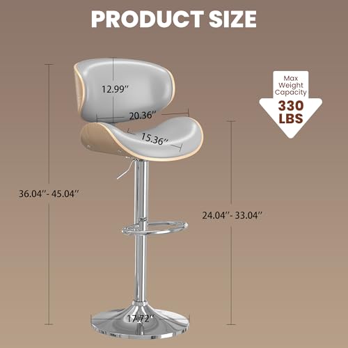 Image of YaFiti Bar Stools Set of 2, Bar Stools for Kitchen Island with Bentwood Back and Leather Seat, Swivel Barstools for Kitchen Counter, Bar, Light Grey