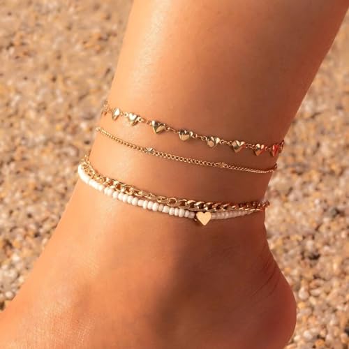 Fesciory Women Heart Anklet Adjustable Beach Layered Ankle Bracelets for Women Gold Plated Alloy Foot Chain Jewelry (Heart 4PCS) - Thumbnail 2