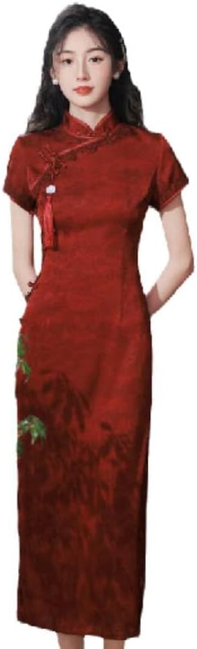 Womens Chinese Dress - Women Wine Red Cheongsam Long Dress Short Sleeve Female Wedding Costumes Vintage Qipao