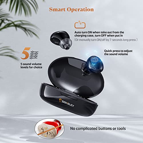 Sensley Rechargeable Hearing Aids (Pair) For Seniors, Earbud-Design Appearance, Digital Sound Amplification Devices With Noise Cancellation, Smart Touch & Portable Charging Case,T02, Black #TOP1