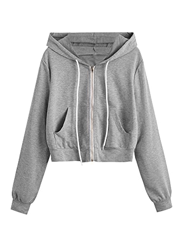 Verdusa Women s Long Sleeve Zip Hoodie Pocketed Crop Sweatshirt Jacket Top Grey S