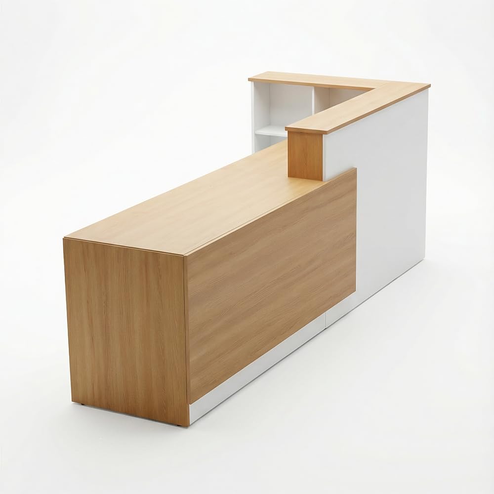L-Shaped Reception Desk with Counter and Lockable Drawers and Storage,Modern Front Desk Reception Counter for Checkout, Lobby, Beauty Salon (L-European Oak+White, 94.49inx39.4inx39.4in)