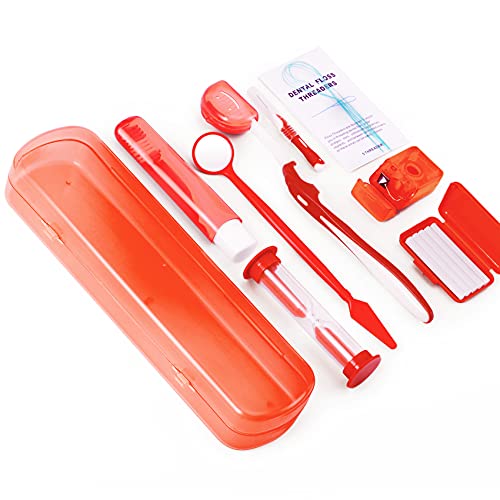 Annhua Braces Cleaning Kit Orthodontic Care Kit 8 Pack, Portable Tooth Cleaning Tools Family Oral Care Hygiene Set with Interdental Brush, Ortho Wax, Floss, Oral Mirror - Red