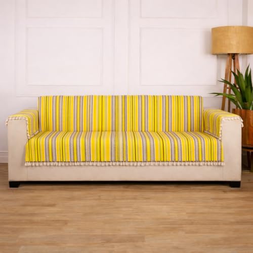 Image of Gifts Island 4 Seater Cotton Sofa Cover Mat | Anti Slip Sofa Cover Throw | All Over Furniture Protector with Elastic Straps | Washable Couch Cover for Living Room (Yellow, 4 Seater)