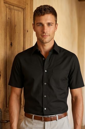 Image of Louis Philippe Men's Regular Fit Easy to Iron Everyday wear Premium Cotton Half Sleeve Solid Formal Shirt