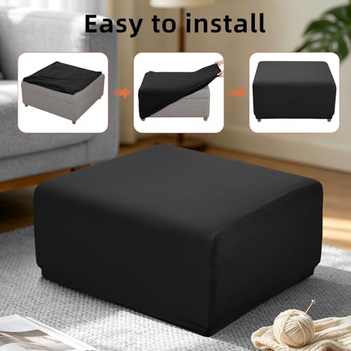 Image of YISUN Super Stretch Square Ottoman Cover - Soft Form Fit Ottoman Slipcover for Foot Stool & Folding Storage, Washable Furniture Protector with Non-Slip Elastic Bottom (M, Black)