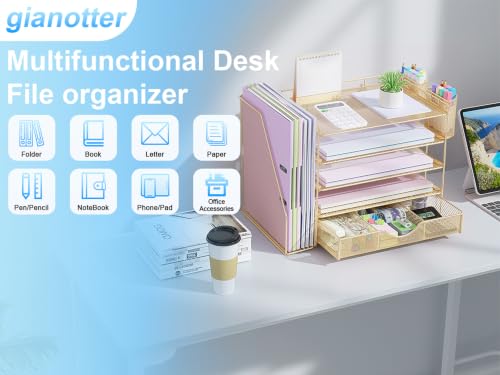 Image of gianotter 5-Tier Desk Organizer with Drawers and File Holders | Letter Trays and Pen Holders - Workspace Accessories for Office Supplies (Gold)