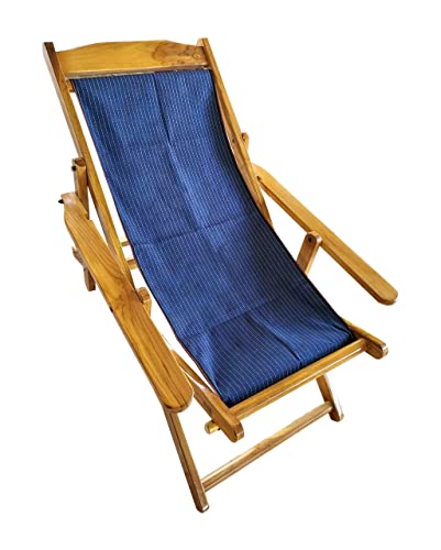 Image of 100% Teak Foldable Portable Five-Levels Adjustable Glossy Finish Polished Recliner Relaxing Easy Chair (Cotton Canvas) (Smooth - Foot And Knee Rest) | Relaxing Chair |