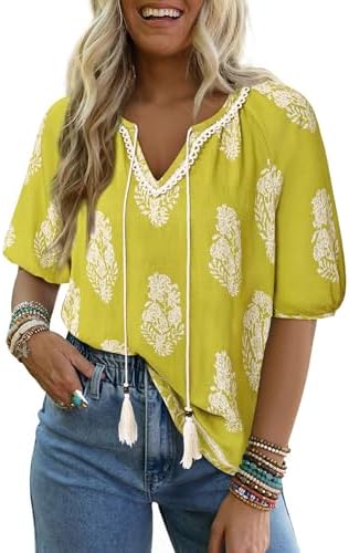 Vivilli Ladies Tops and Blouses, Cute Summer Boho Shirts for Women Trendy Beach Vacation Clothes Short Sleeve Tunics or Tops to Wear with Leggings V Neck Flowy Loose Fit Hawaiian Shirts Gold Green XL