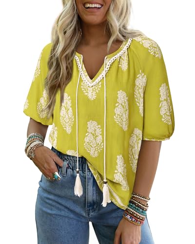 Vivilli Ladies Tops and Blouses, Cute Summer Boho Shirts for Women Trendy Beach Vacation Clothes Short Sleeve Tunics or Tops to Wear with Leggings V Neck Flowy Loose Fit Hawaiian Shirts Gold Green XL