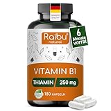 Vitamin B1 (Thiamin) Hochdosiert, 250 mg pro Kapsel - 6 Monatsvorrat: 180 vegane Kapseln - Premium Vitamin B1, hohe Bioverfügbarkeit & laborgeprüft - Ohne unerwünschte Zusätze, Raibu