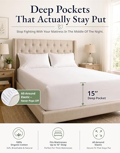 Image of 100% Organic Cotton Queen Fitted Sheet, 3-Piece Set (1 Fitted Sheet, 2 Pillowcases), Percale Weave, Cotton Fitted Sheet, Ultra Soft, Breathable, GOTS Certified, Fits Mattress Upto 15 inch Deep - White