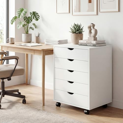 Image of Mobile File Cabinet Under Desk, 5 Drawer Storage Organization with Wheels, Vertical Filing Chest Rolling Wood Small Desk Printer Stand for Home Office, 15.75 inch D x 18.74 inch W x 25.39 inch H