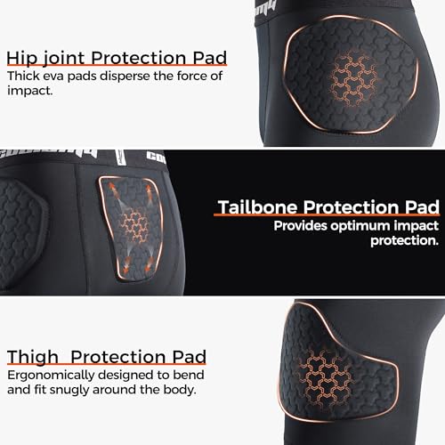 COOLOMG Youth 5 Pad Football Girdle Padded Football Compression Shorts with Cup Pocket Integrated Hip Tailbone Thigh Pads Black L