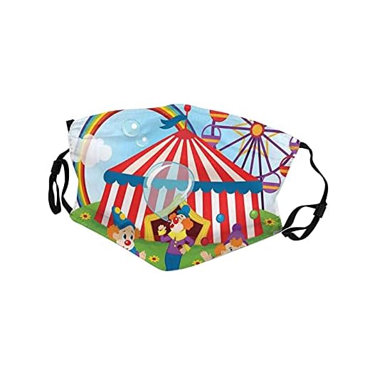 2 st ansiktsmask för barn cirkusscen med clowner på gräs regnbåge pariserhjul glada bubblor barndomstema 16 x 11 cm