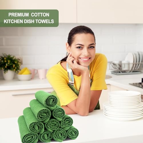 Image of Cotton Kitchen Dish Cloths, 2 Pack Super Absorbent and Lint Free Waffle Weave Dish Towels, Fast Drying Dish Rags for Washing Dishes, 13.4 X 13.4 Inch, Black (Green, Pack of 2)