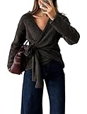 Watashi Women Casual V Neck Wrap Sweater Long Sleeve Cozy Self Tie Belted Knit Sweaters Fall Winter Outfits Cardigan(Brown-M)