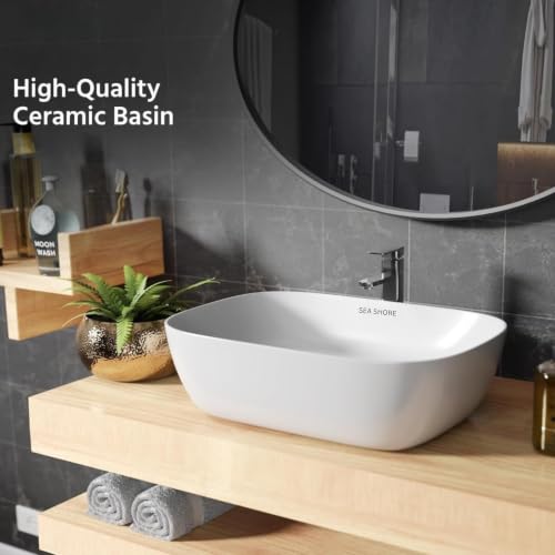 Image of SEA SHORE Modern Table Top Wash Basin, Ceramic Glossy White Vessel Sink for Bathroom, Vanity & Dining Hall, Designer Countertop Basin, 33 x 46 x 16 cm