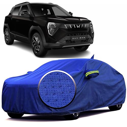 Image of 100% Waterproof 'BlueMax' Car Body Cover for Mahindra XUV 3XO with Mirror Pocket, Heat & UV Protection, Triple Stitched, Soft Lining, Full Bottom Elastic & Reflective Radium (Blue)