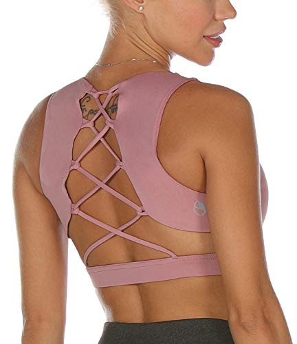 icyzone Strappy Sports Bra for Women - Sexy Gym Workout Yoga Bra with Removable Cups (L, Cameo Pink)