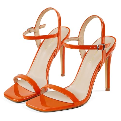 Elisabet Tang Womens High Heeled Sandals 4 Inch Strappy Sling Back Stiletto Open Square Toe Heels with Ankle Straps at Wedding Party Prom Work Dating Orange Patent Size 7