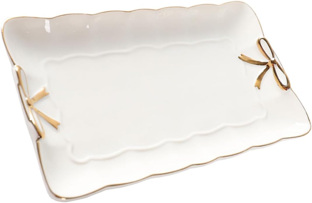 Ceramic Jewelry Tray with Bow Accent 7.87X4.72 Inch Rectangular Jewelry Dish Organizer for Home Countertop Storage and Cosmetics Accessories