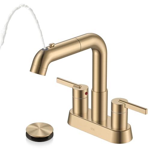 KENES Champagne Bronze Pull Down Bathroom Faucet 3 Hole 4 Inch 2 Handle Centerset Bathroom Sink Faucet with Pull Out Sprayer Bathroom Vanity Faucet with Pop Up Drain & Supply Lines LJ-9059A-CB