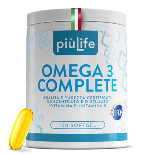 Omega 3 IFOS 5 Stelle Certificato Con Vitamina D3 2000 UI PiùLife 120 Softgel 2000mg EPA, 1000mg DHA Dose, Olio di Pesce Omega 3 Capsule Fish Oil, Trigliceridi, Cuore, Vista, Ossa, Cervello