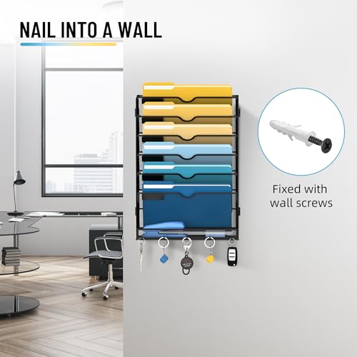 SUPEASY 7-Tier Wall File Holder Organizer with Hooks, Mesh Hanging File Organizer, Mail Organizer Wall Mounted for Papers, Folders, Office Magazine Rack, Assembly Needed, Black image 1