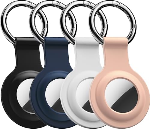 R-fun Air tag Holder with Keychain, [4 Pack] Silicone Protective Air Tag case Cover with Key Rings for Wallet, Dog Collar, Luggage, and Keys.-Black/White/Navy/Sand Pink