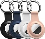 R-fun airtagホルダー キーチェーン付き [4パック] シリコンairtagケースカバー キーリング付き 財布、犬の首輪、荷物、鍵用 - ブラック/ホワイト/ネイビー/サンドピンク